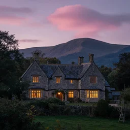 a witchhouse with lighted windows in a woodland, mountain in background, evening mood, pink clouds in the sky, by clive madgwick