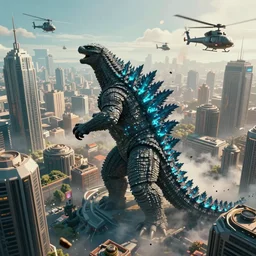 Godzilla in a a futuristic city with skyscrapers with helicopters are flying in the sky, smoke and debris, high detail, overhead view, Deep depth of film, professional photograph