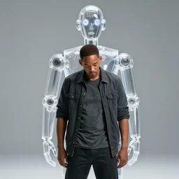 will smith sad stands in front of a transparent plastic android, photorealism, 8 k quality, full quality