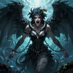 lucifer, dark angel, hybrid human with snake, red eyes, chain, handcuffs, large chain, wide open mouth, scream, cruelty, sea bottom, light effect, highly detailed, artstation, concept art, matte, sharp focus, illustration, by dan mumford, yusuke murata, makoto shinkai, ross tran