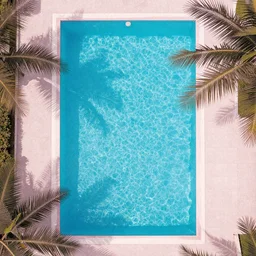35mm color aerial view photo of a pool with palm tree leaves on the edges, pastel faded effect, synthwave colors