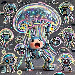 cute, screaming, fighting, dancing, Tintoy Characterdesign Robot, mechabot neon jellyfish hard surface modelling, high details, by Eddie Mendoza, by Peter mohrbacher, Pictoplasma bioluminescent biomechanical halo, by jarold Sng, by disney, by tooth wu, octane render, cinematic light, high details, dichroic, cgsociety, by jonathan ive