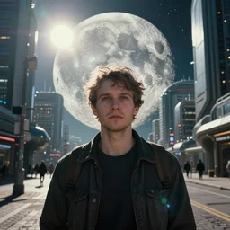 In a futuristic space city of Neo Norilsk on the Moon, a Mysterious man is standing in the middle of a close up street photo by Trent Parke, the sun is blinding, a Russian city on the Moon
