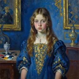 palette knife oil painting portrait of a young girl in a blue and gold haunted liminal room, film still by goya, by balthus, by pontormo, extreme detail, liminal aesthetic, artgerm, deviant art, octane, substance, art history 8 k, art nouveau