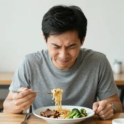 A man looking in disgust at his lunch
