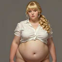 full body portrait, teenage lili reinhart, blonde hair, obese, bangs, ponytail, sultry, realistic, sultry, fluffy bangs, shirt, curly bangs, fat, belly, intricate, elegant, highly detailed, digital painting, artstation, concept art, smooth, sharp focus, illustration, art by wlop, mars ravelo and greg rutkowski