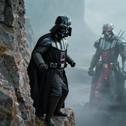 darth vader peering down a cliffside on mustafar, menacing, accurate, realistic, 8 k, detailed, intricate
