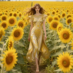 a full body fashion photography of a girl slowly walking through amazing tall sunflower field, hair flowing, intricate, elegant, clearly visible face, highly detailed, digital painting, artstation, concept art, smooth, sharp focus, illustration, art by artgerm and greg rutkowski and alphonse mucha, 8 k