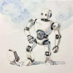 watercolour painting of a broken robot repairing itself, anime, pencil lines, light watercolour, pale sky, beautiful artwork, anime screenshot, akihabara
