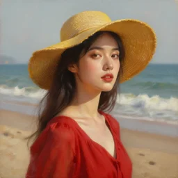 beautiful oil matte portrait painting, young woman with a red dress and a mustard yellow summer hat enjoying the beach, wonderful masterpiece highly detailed, beautiful cinematic light deep focus, elegant, digital painting, smooth, sharp focus, golden ratio, dramatic illumination, ultra realistic, 8 k, art by jimmy law