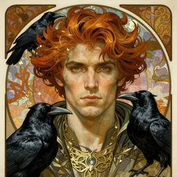 realistic detailed face portrait of a rugged handsome male raven king with ravens by alphonse mucha, ayami kojima, amano, greg hildebrandt, and mark brooks, male, masculine, art nouveau, neo - gothic, gothic, character concept design