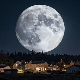 giant moon over a small town at night, realistic photograph, scary