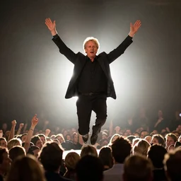 backlit levitating geert wilders raising his arms amid a crowd
