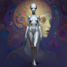 wide angle full body portrait of an alien female with back eyes, silvery skin, a perfect face and perfect body, thin waist, mouth half open, intricate, single face, psychedelic background, highly detailed, digital painting, artstation, concept art, smooth, sharp focus, illustration, Unreal Engine 5, 8K, art by artgerm and greg rutkowski and alphonse mucha