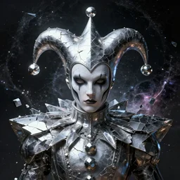 front shot of a court jester character fine portrait fine portrait mesmerizing fractal hyper cubes platinum cracked dark future hyper dimensional space galactic crystal shard nebula edges elegant detailed intricate concept artstation sharp focus cinematic masterpiece temporal corruption beeple wlop lok du germ gustave dore 8 4 k scifi realistic illustration fujifilm nvidia octane illumination