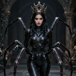the black-spider queen, beautiful woman, fantasy art, hyper-realistic, beautiful face, attractive body, queen crown, full body, intricate, realistic, cinematic lighting, volumetric lighting, trending on artstation, artstationHD, 8k, highly detailed