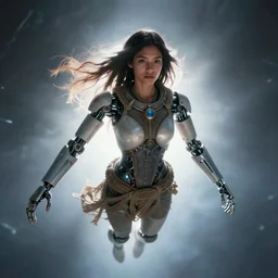 beautiful futuristic himba woman, robotic arms, weightless in space, hyperrealistic, scifi, concept art, photograph, portrait, backlit