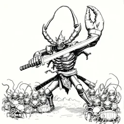 a scary lobster human with a katana ready to conquer the world with his army of tiny lobster, cinematic shot, black and white ink on paper, hyper detailed, handmade