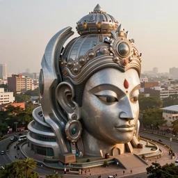hanuman! head building in mumbai!! centre, kalighat, highly detailed, high quality 3 d futuristic biomorphic, cinematic smooth, berenice abbott & john j. park, dramatic warm morning light, wide shot, high angle, uhd 8 k, sharp focus