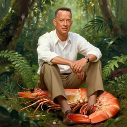 Tom Hanks as forrest gump sitting on a giant shrimp in the jungle, realistic digital painting, photoreailstic, realistic face, amazing detail, sharp