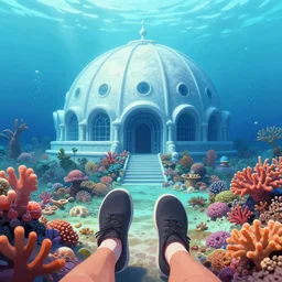 a beautiful first person perspective digital illustration of a domed underwater palace near a vibrant coral reef by beeple | Byzantine architecture | tropical fish | cinematic | unreal engine | octane | photorealistic |