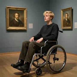 a blonde young man sitting in a wheelchair pondering about life, portrait in the style of rembrandt, rembrandt exhibition, 4 k high definition, masterpiece