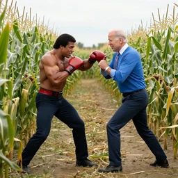 rocky balboa punching joe biden in the middle of a corn maze