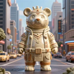 ceramic bounty hunter cyberpunk bear in tribal regalia, on the street under skyline buildings and streets, an idea seep's into infinity highly detailed 3 d in volumetric latent space, cinematic light, sharp focus, divine realm of gods, octane render,