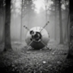 soviet satellite wreckage in the misty wood, pinhole camera effect, lomography effect, analogue photo quality, monochrome, blur, unfocus