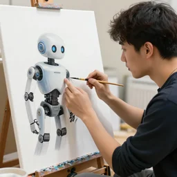 a human and a robot making a painting as a team, award - winning photograph, shot with canon eoa 6 d mark ii
