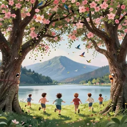 around tree babies running, a beautiful awesome artistic tree with falling flowers like leaves and many birds, around tree babies running, all in the amazing outdoors view, mountain in the background, lake, long exposure, 8 k resolution, trending on artstation