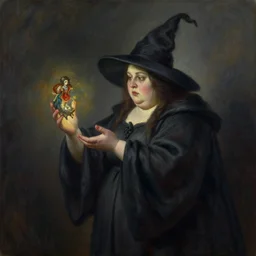 a fat witch stares at a strange artefact in her hands. she wear a long dark robe. painted by regis loisel, enki bilal, tony sandoval oil painting.