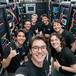 selfie of a tight group of happy drunken hackers at a party in a highly detailed server room with computers everywhere and wires in a scif