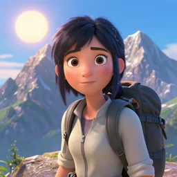 a disney pixar 3 d film animation still portrait of a 1 9 5 0's adventurer hiker girl atop a big mountain, closeup, finely detailed features, water, sun, gapmoe yandere grimdark, trending on pixiv fanbox, painted by greg rutkowski makoto shinkai takashi takeuchi studio ghibli, pixar, 3 d artstation. octane
