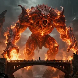 movie still, enormous balrog roaring fire at the bridge of khazad - dum, style of h. r. giger, fiery, dark, realistic movie still, cinematic, cgi,