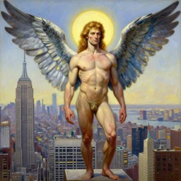 marvelous detailed portrait of a strong winged Nephilim Hank Hill Man with a halo standing above new york city. peter mohrbacher norman rockwell heorhiy narbut jessie wilcox smith beatrix potter joseph leyendecker acrylic painting