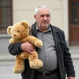 a romanian overweight old man carrying a teddy bear.