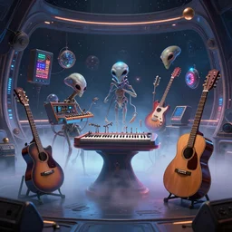 strange surrealist detailed alien electronic-musical-instruments!! and acoustic-musical-instruments!! with blinking LEDs, playing themselves, backlit fog, space station lounge setting, designed by Larry Elmore Kerlaft and Pixar, photorealistic, 3d render, award winning render, unreal engine, octane render, studio lighting, 8k, hd