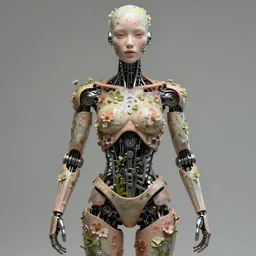 humanoid robot, flowers growing from skin, highly detailed, expressive eyes, beautiful symmetric body, perfect proportions, highly intricate, art by tom bagshaw and alex gray