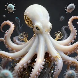 hyper detailed ultra sharp portrait of a beautiful well contoured porcelain ivory smooth fair cyborg octopus, tentacles, up close shot, sharp focus, global illumination, radiant light, biomechanical golden rhizomorphs, cyberpunk brackets, laser cut paper microbes, alexandre ferra white mecha, irakli nadar, alexander mcqueen, octane highly render, 4 k, ultra hd