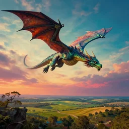 a beautiful landscape with an alien dragon flying in the sky, by anthony van dyck, cinematic, color grading, dramatic, colorful, 4 k, 8 k, hd
