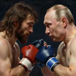 jesus christ vs vladimir putinboxing, fighters, fist fight, detailed faces, putin face, in battle by anders zorn, wonderful, masterpiece by greg rutkowski, beautiful cinematic light, by greg manchess, jessica rossier