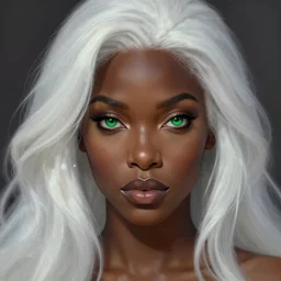 A head-on detailed oil fantasy portrait of a black woman with green eyes and long white hair by greg rutkowski, trending on artstation, dungeon and dragons art