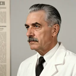 newspaper photo from 40s of a sidecut grey hair toupet mature stern looking slim medical doctor with a Nietzsche moustache
