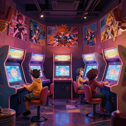 photo cartoon illustration comics manga painting of arcade hall : 6 fantasy, digital painting, unreal engine, 8 k, volumetric lighting, contrast