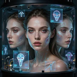 beauty woman with detailed faces, in holograms of alien artifacts, electrical case display, total recall tech,, ultrarealistic, dramatic lighting, electrical details, high details, 4 k, 8 k, best, accurate, trending on artstation, artstation, photorealism, ultrarealistic, digital painting, style of peter mohrbacher, caravaggio, boris vallejo