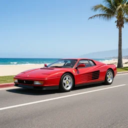 Ferrari Testarossa parked on a coast road with a beach and palm trees