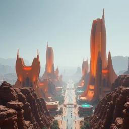 alien planet capital featuring enormous modern orange buildings, daylight, neon city district, antelope canyon jungle backdrop, megalophobia, 4 k wallpaper, octane render