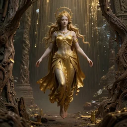 portrait photo of a surreal goddess floating in the middle of a ancient wood, ((gold raining in the background)), ultra super good realistic 3D render by Pete Morbacher and Emil Melmoth, insanely detailed, trending on artstation, sharp focus