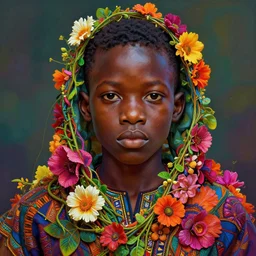 colourful vfx art - portrait of nigerian boy wrapped in flowers & vines, art by hsiao - ron cheng & james jean, volumetric light, ray tracing, sharp, detailed, digital painting, illustration, highly detailed, intricate detail, unreal engine, octane render, pinterest, behance, art station,